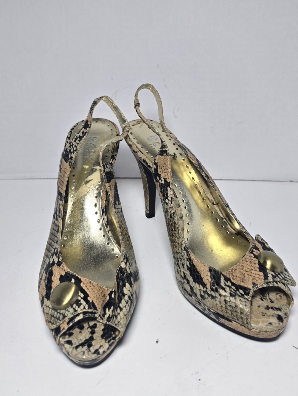 BCBG Paris Black and Tan Snake-Print Peep-Toe Slingback Heels